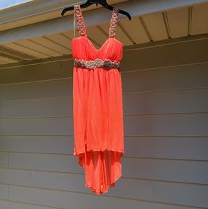 Coral colored formal dress with silver accents